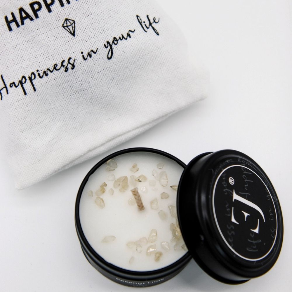 Quote kaars in blik - Happiness in your life (klein formaat), foto 3