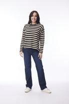 Knit Top R-neck Stripe Slub Black/Natural