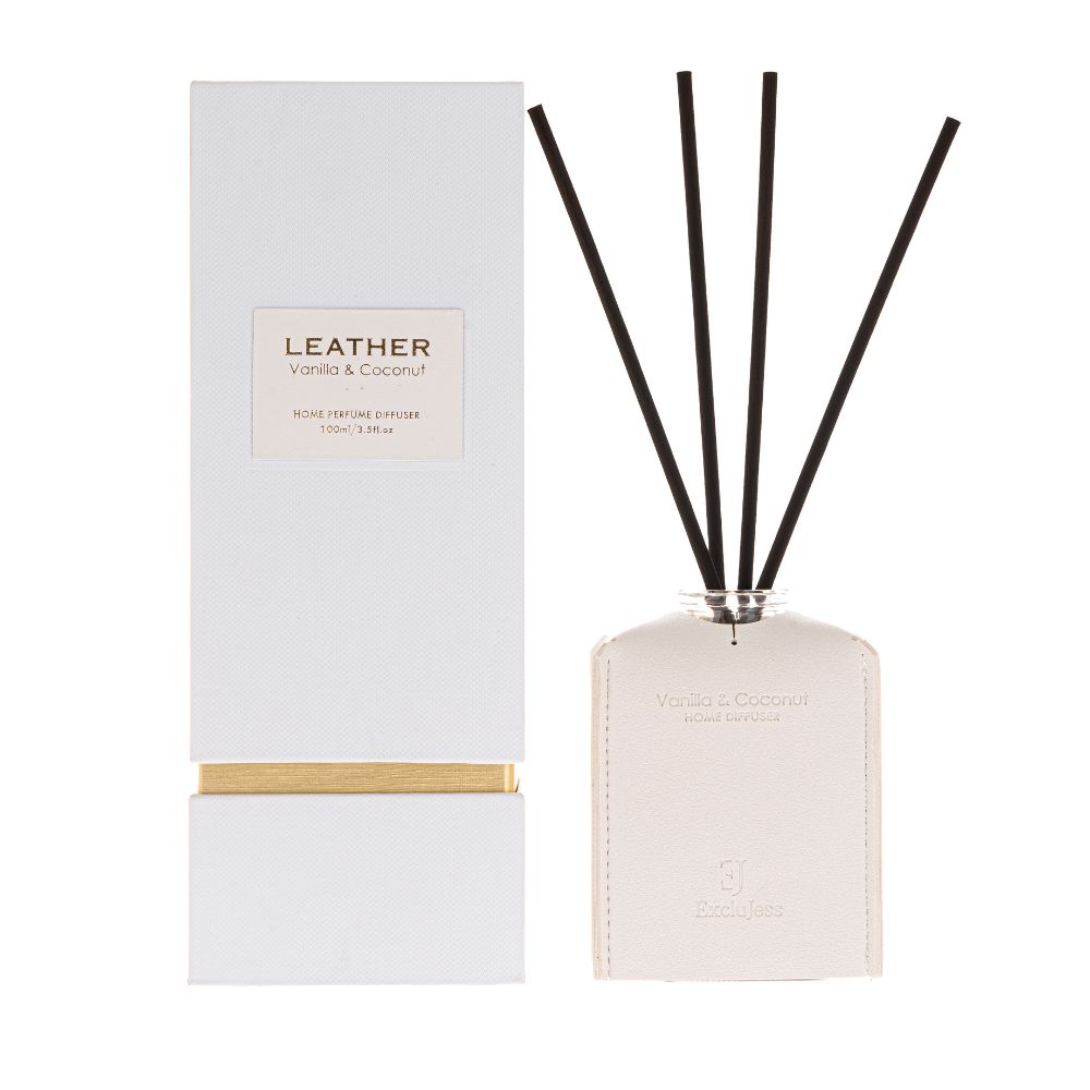 witte geurstokjes vanille en coconut leder flesje